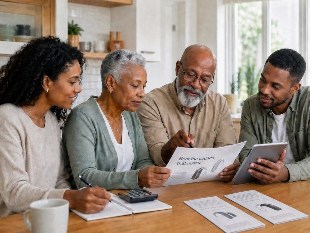 Family reviewing hearing aid costs and payment options together at home before visiting Advanced EARGEAR in Ohio