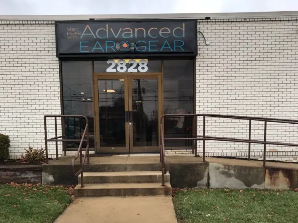 Entrance to the Advanced EARGEAR flagship hearing center on S Arlington Rd in Akron, OH