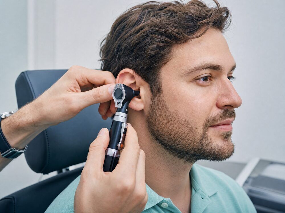 Otoscope ear exam checking for wax or blockage before recommending hearing aids at Advanced EARGEAR in Akron, OH